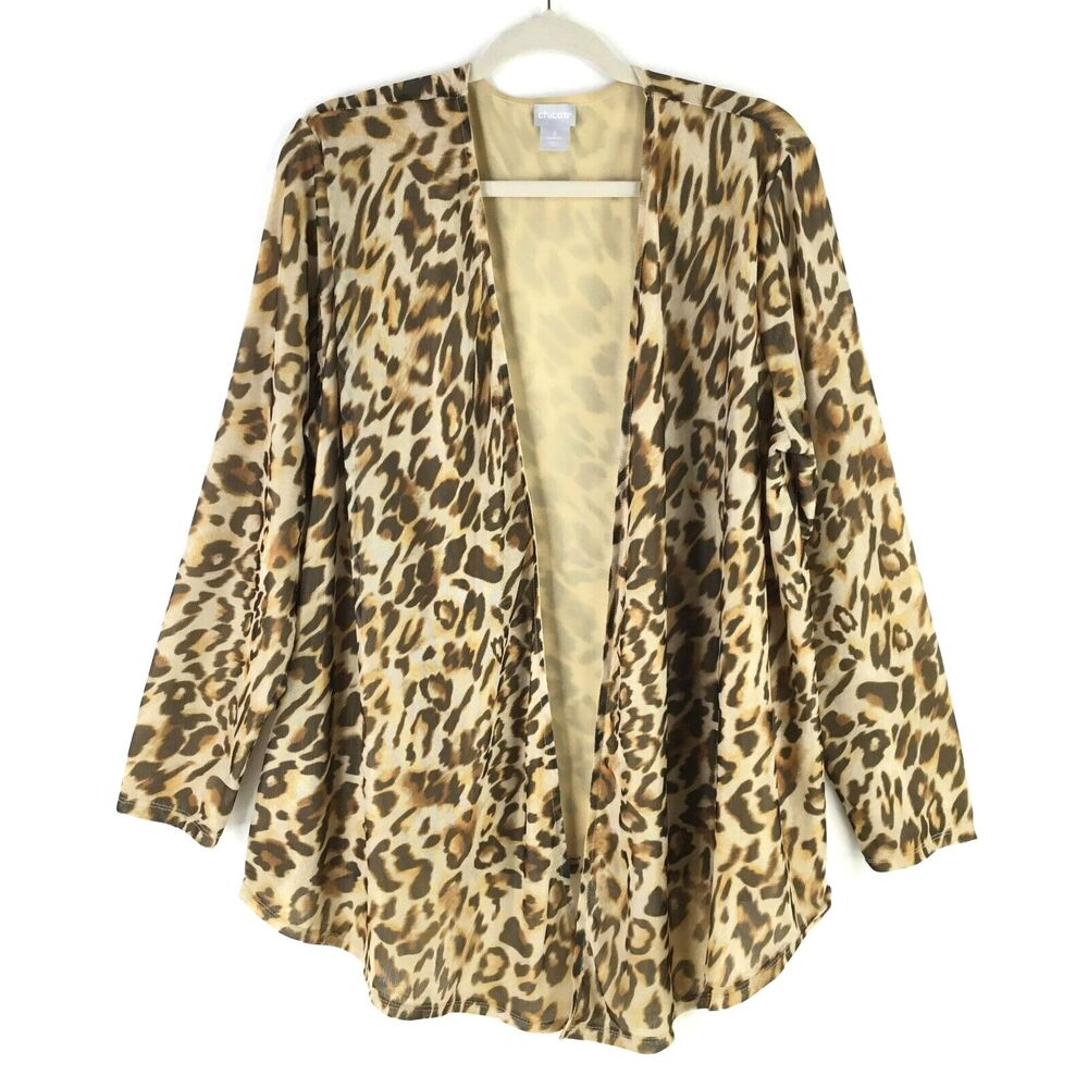 Chico's Womens Ocelot Animal Print Mesh Cardigan sz 3 US XL Open Front  Stretch